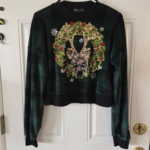 Miss Chievous Reindeer Cropped Fleece Sweatshirt Green/Black Plaid Size Medium